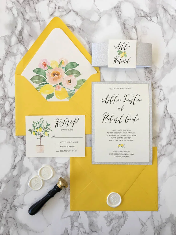 Lemon Yellow and Silver Glitter Wedding Invitation — CZ INVITATIONS Lemon Yellow and Silver Glitter Wedding Invitation — CZ INVITATIONS